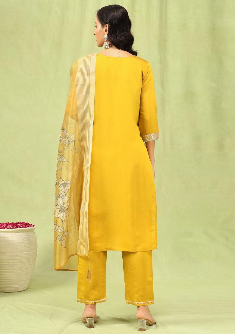 Yellow Embroidery Viscose Kurta Set - Indya