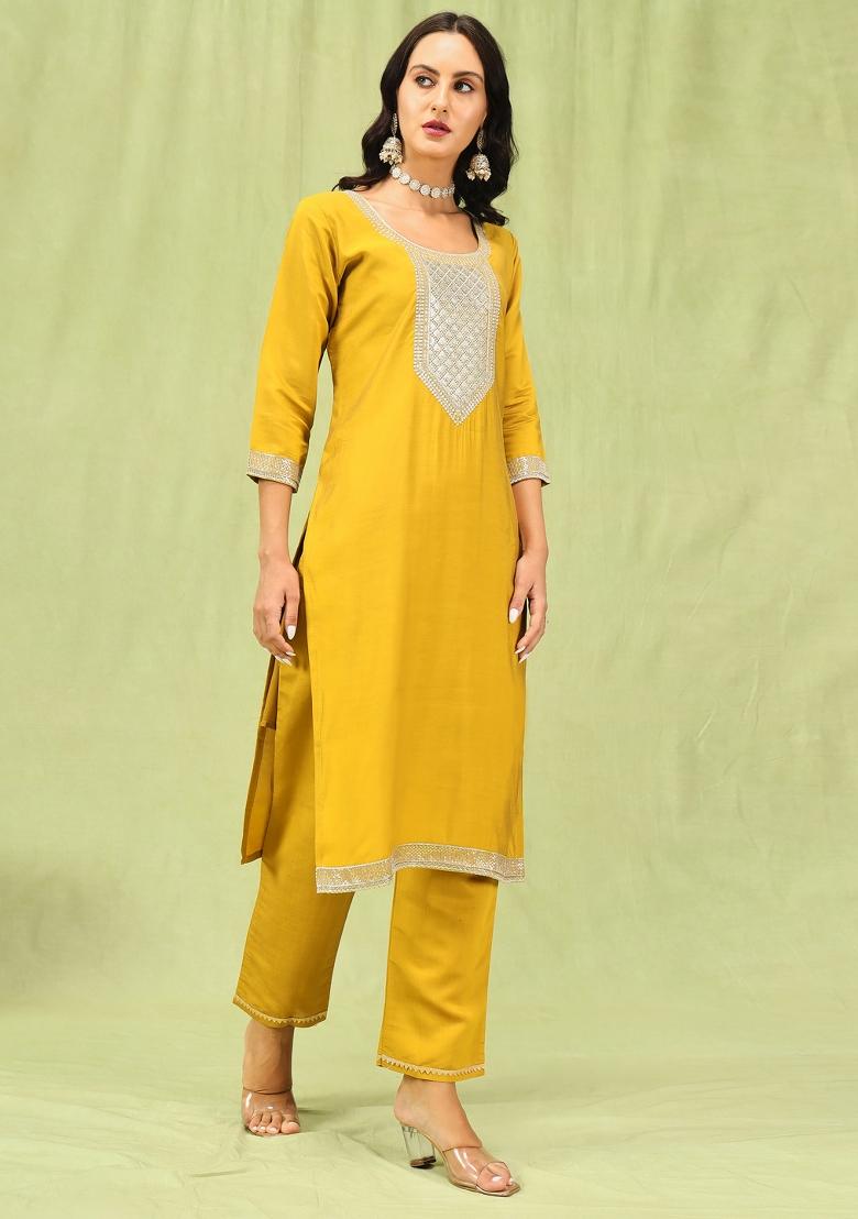 Yellow Embroidery Viscose Kurta Set - Indya