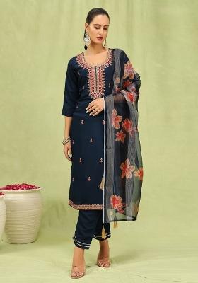 Blue Embroidery Viscose Kurta Set