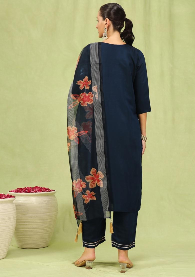 Blue Embroidery Viscose Kurta Set - Indya