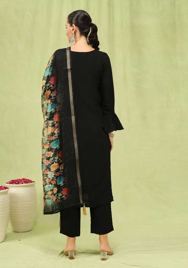 Black Embroidery Viscose Kurta Set - Indya