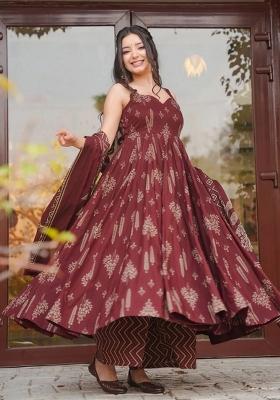 Brown Printed Silk Kurta Set