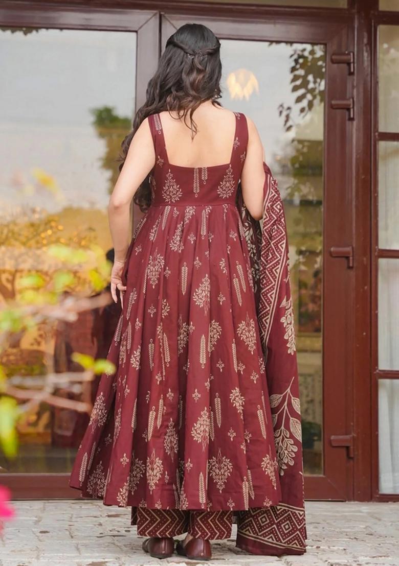 Brown Printed Silk Kurta Set - Indya