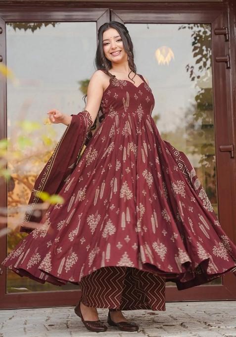 Brown Printed Silk Kurta Set