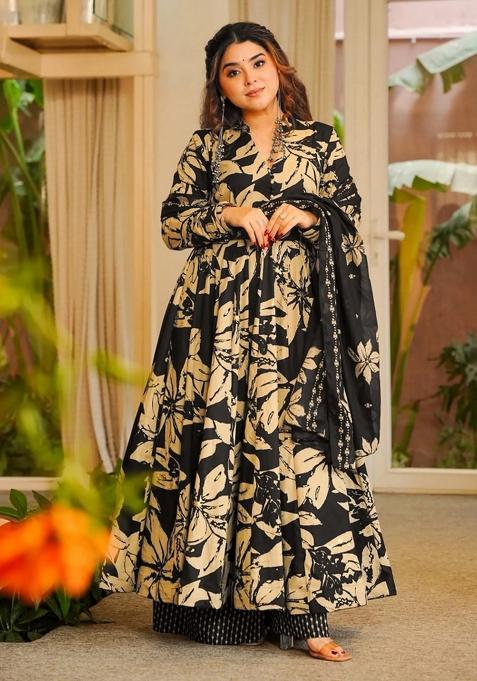 Black Printed Silk Kurta Set