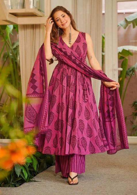 Pink Printed Silk Kurta Set