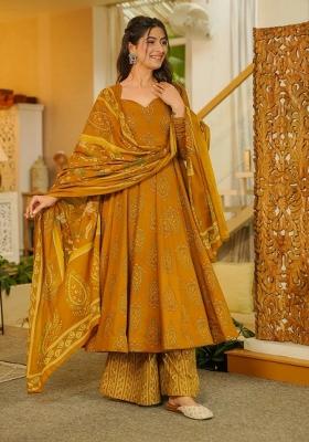 Mustard Printed Silk Kurta Set
