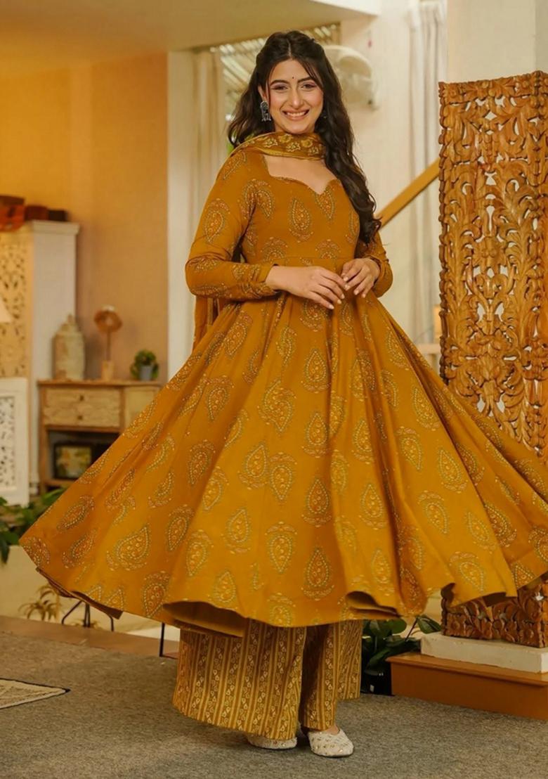 Mustard Printed Silk Kurta Set - Indya