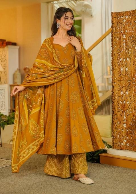 Mustard Printed Silk Kurta Set