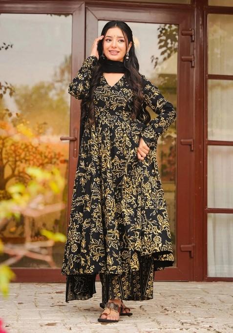 Black Printed Silk Kurta Set