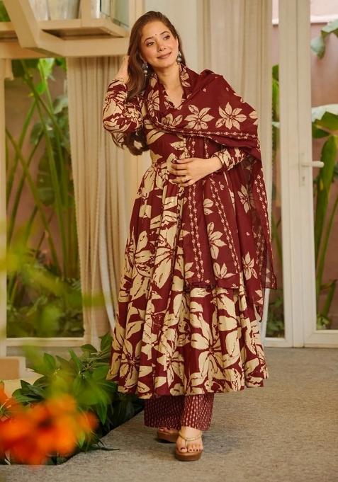 Burgundy Printed Silk Kurta Set
