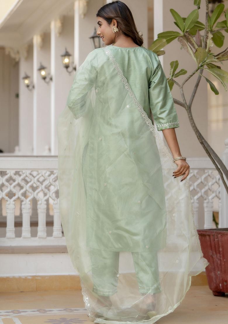 Green Embroidery Silk Kurta Set - Indya