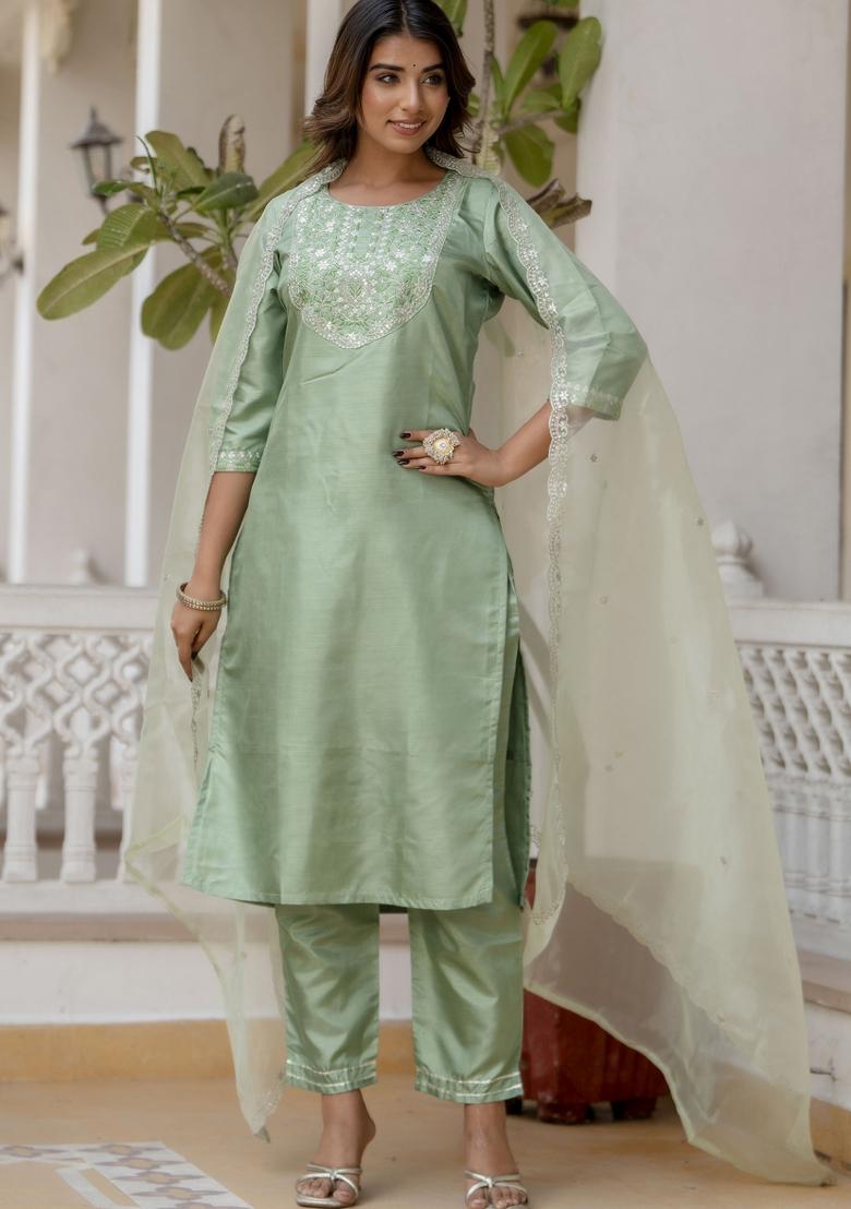 Green Embroidery Silk Kurta Set - Indya