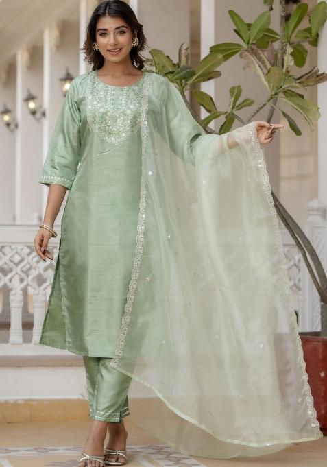 Green Embroidery Silk Kurta Set