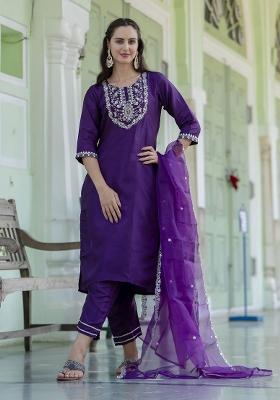 Purple Embroidery Silk Kurta Set