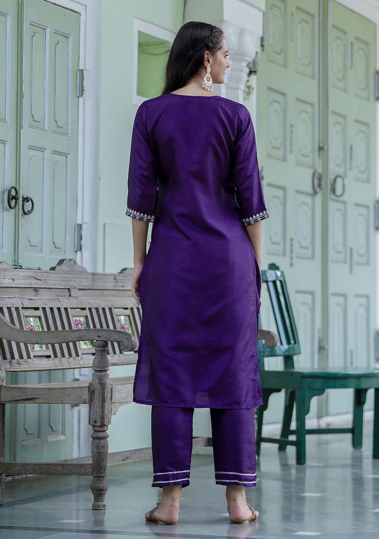 Purple Embroidery Silk Kurta Set - Indya