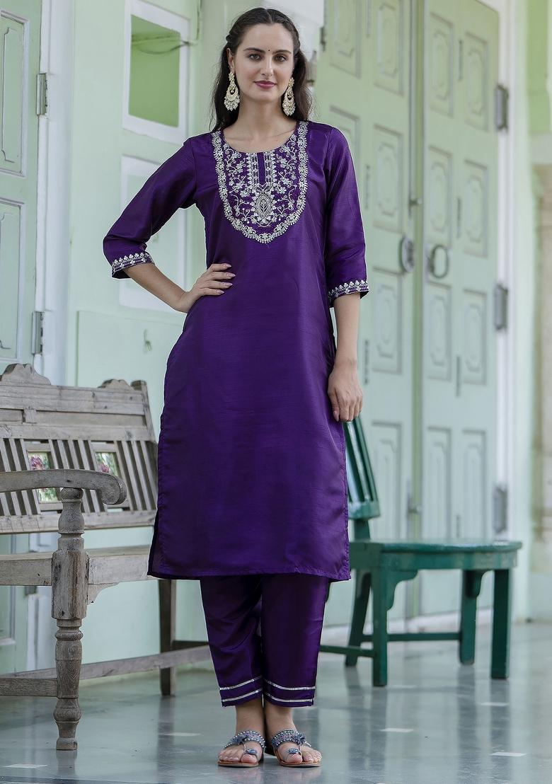 Purple Embroidery Silk Kurta Set - Indya