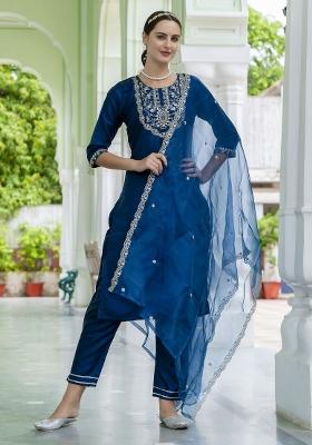 Teal Blue Embroidery Silk Kurta Set
