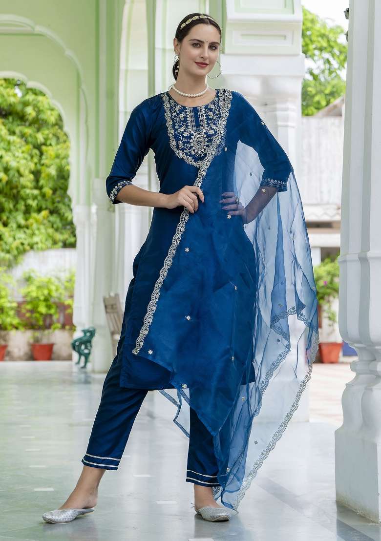 Teal Blue Embroidery Silk Kurta Set - Indya