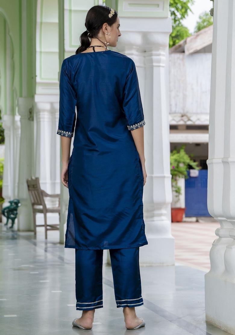 Teal Blue Embroidery Silk Kurta Set - Indya