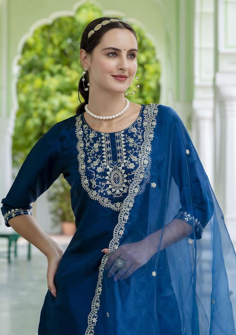 Teal Blue Embroidery Silk Kurta Set - Indya