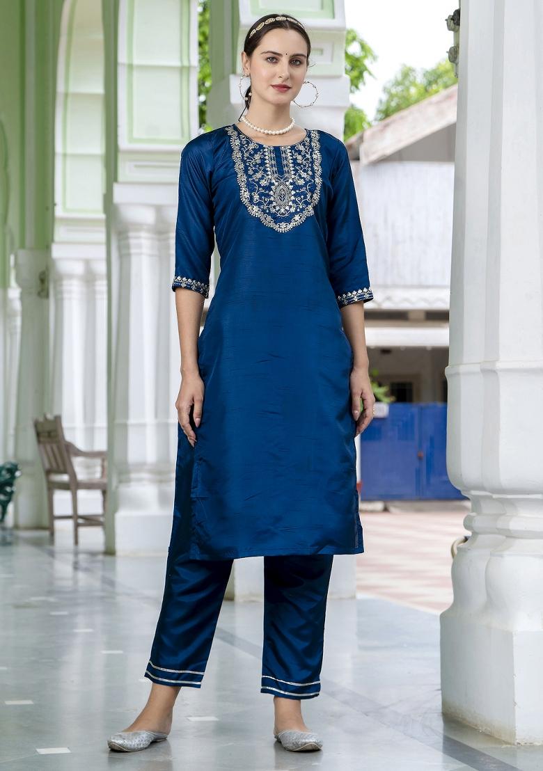 Teal Blue Embroidery Silk Kurta Set - Indya