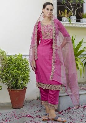 Pink Embroidery Silk Kurta Set