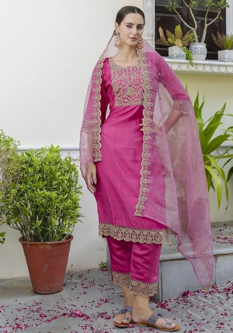 Pink Embroidery Silk Kurta Set