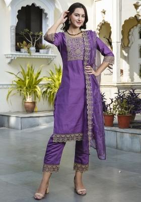 Purple Embroidery Silk Kurta Set