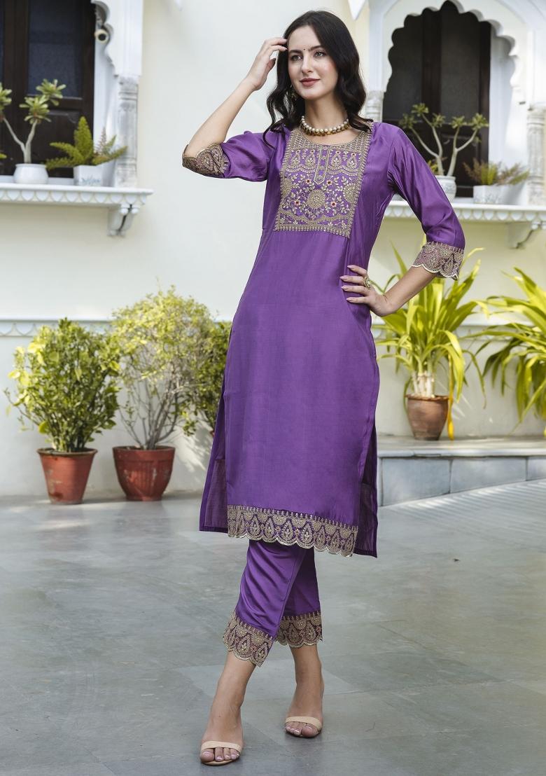 Purple Embroidery Silk Kurta Set - Indya