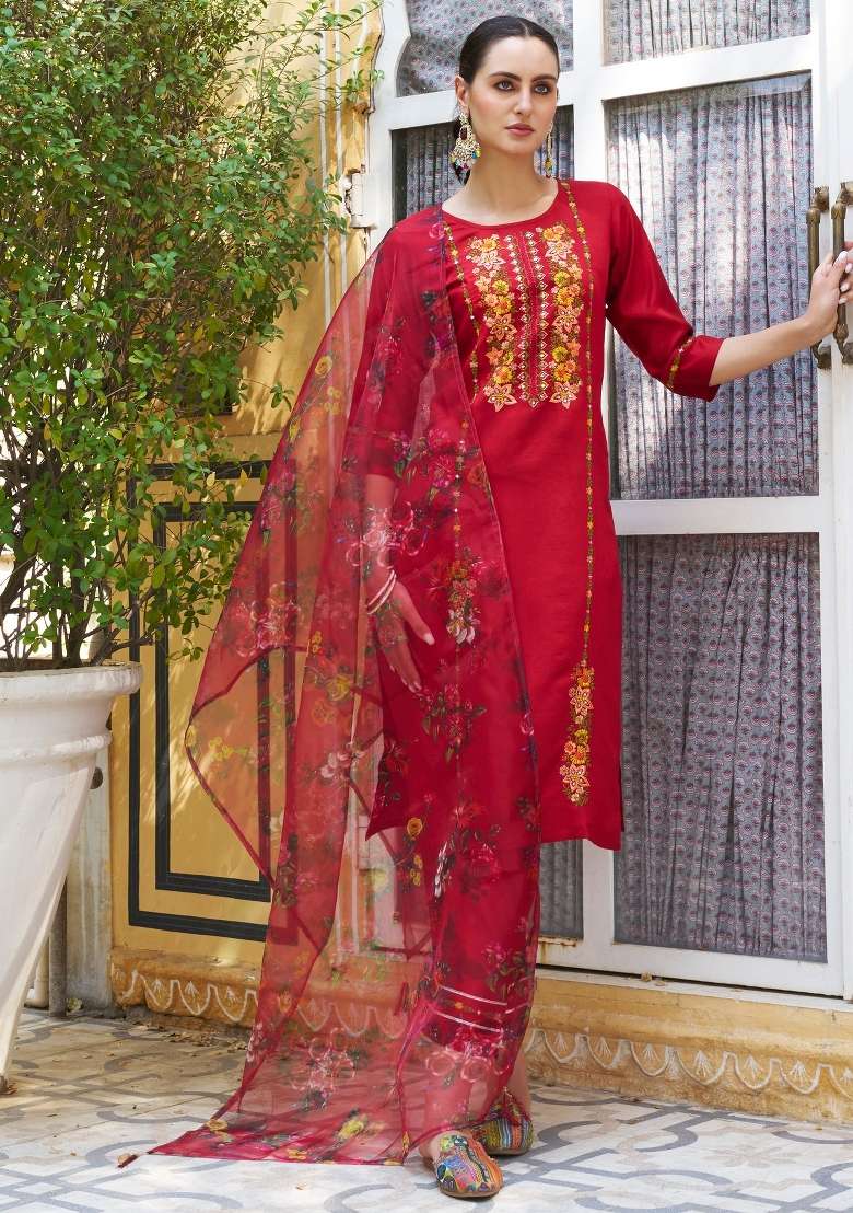 Maroon Embroidery Viscose Kurta Set - Indya