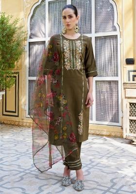 Green Embroidery Viscose Kurta Set