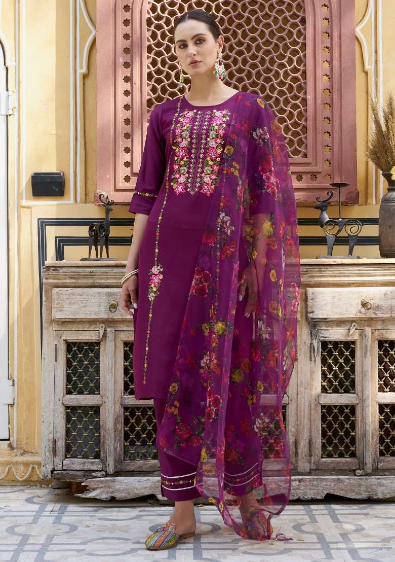 Purple Embroidery Viscose Kurta Set - Indya