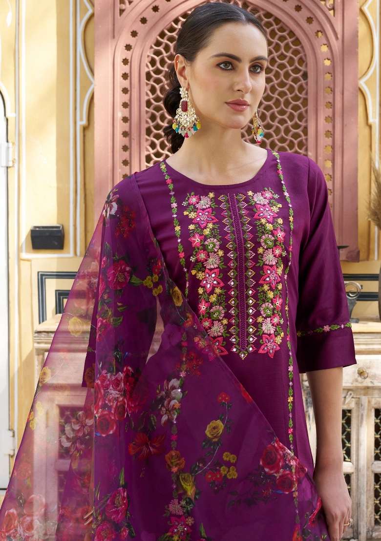 Purple Embroidery Viscose Kurta Set - Indya