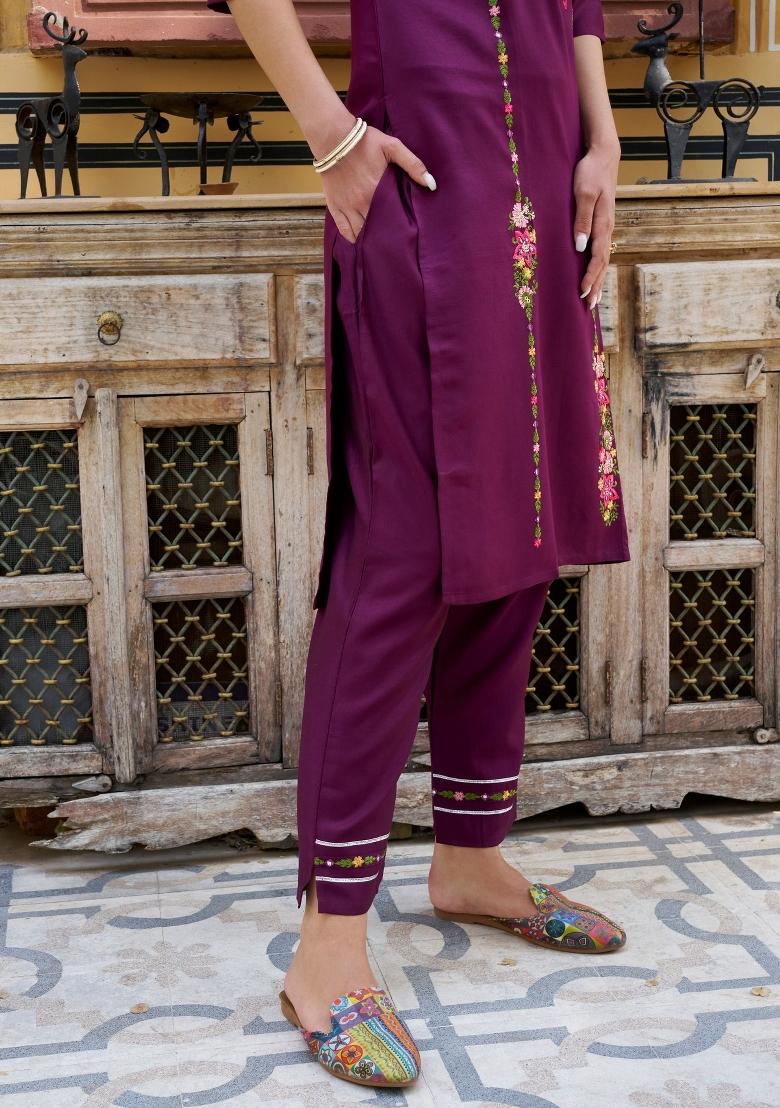 Purple Embroidery Viscose Kurta Set - Indya