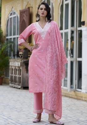 Pink Embroidery Silk Kurta Set