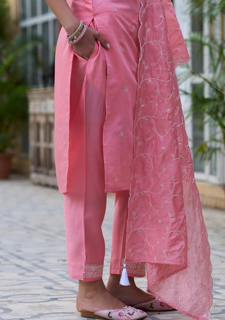 Pink Embroidery Silk Kurta Set - Indya