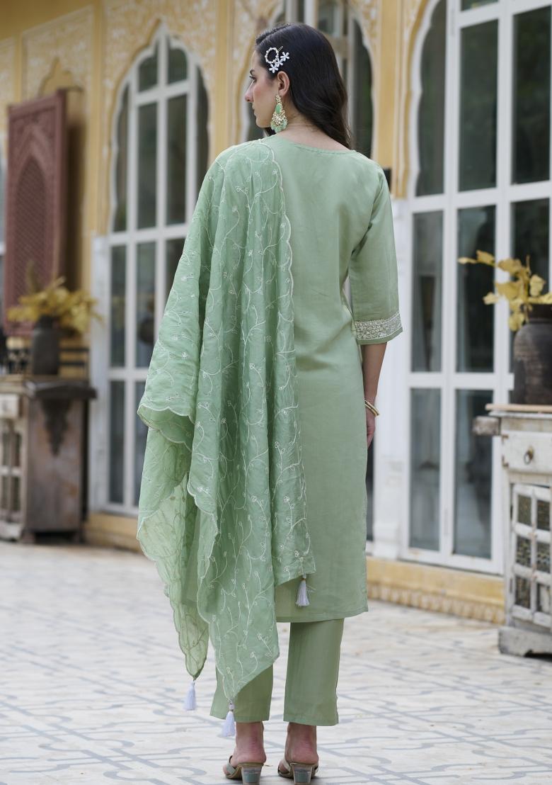 Green Embroidery Silk Kurta Set - Indya