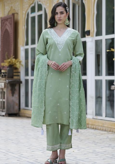 Green Embroidery Silk Kurta Set