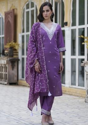 Purple Embroidery Silk Kurta Set