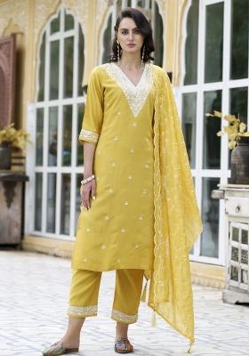 Yellow Embroidery Silk Kurta Set