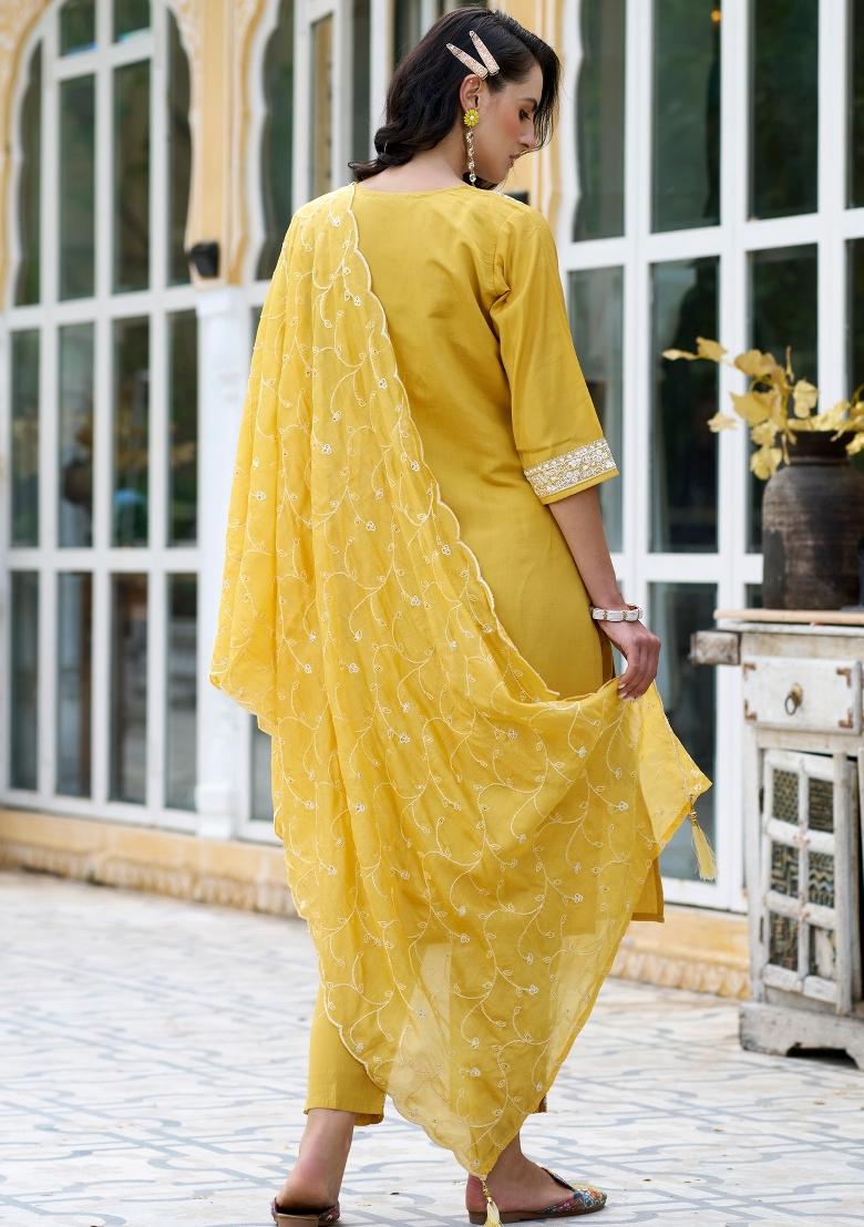 Yellow Embroidery Silk Kurta Set - Indya