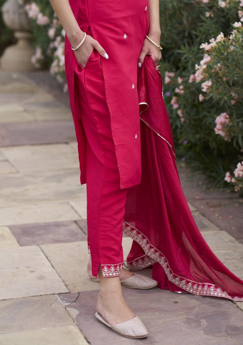 Pink Embroidery Silk Kurta Set - Indya