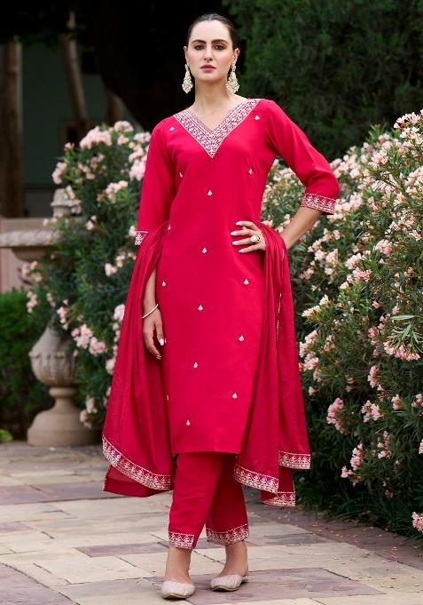 Pink Embroidery Silk Kurta Set