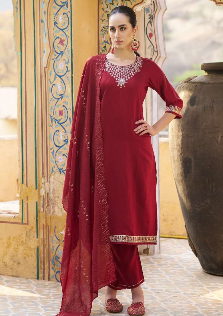 Maroon Embroidery Viscose Kurta Set - Indya