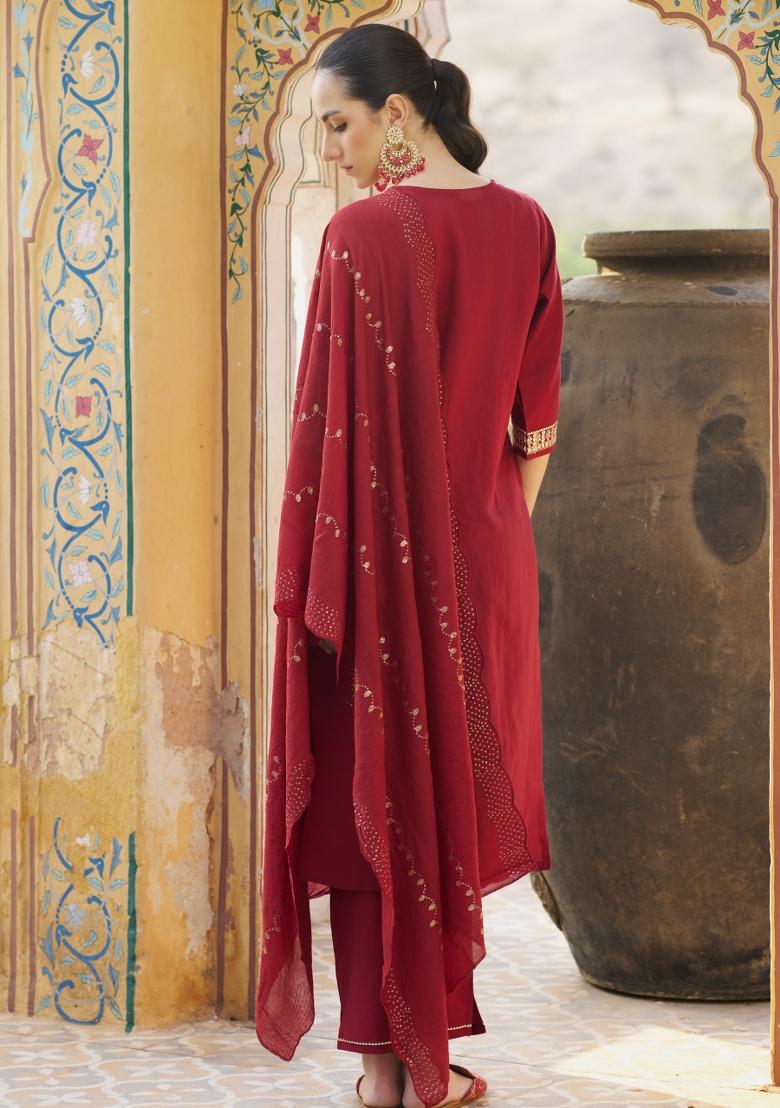 Maroon Embroidery Viscose Kurta Set - Indya