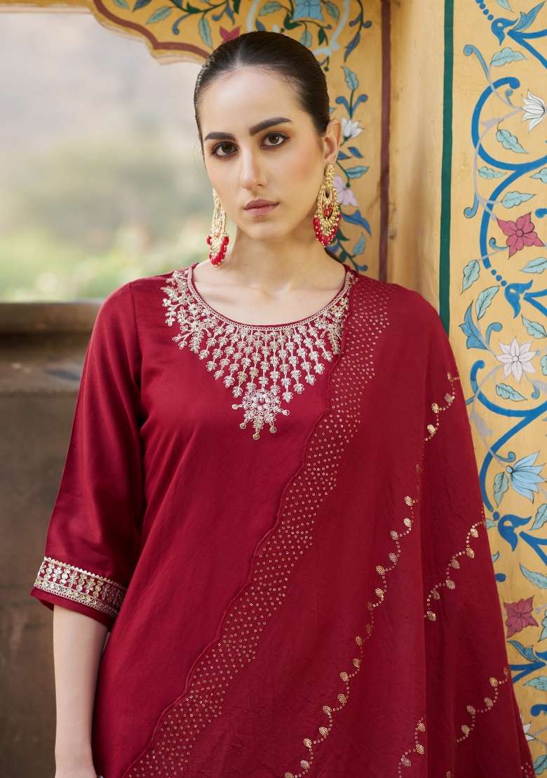 Maroon Embroidery Viscose Kurta Set - Indya