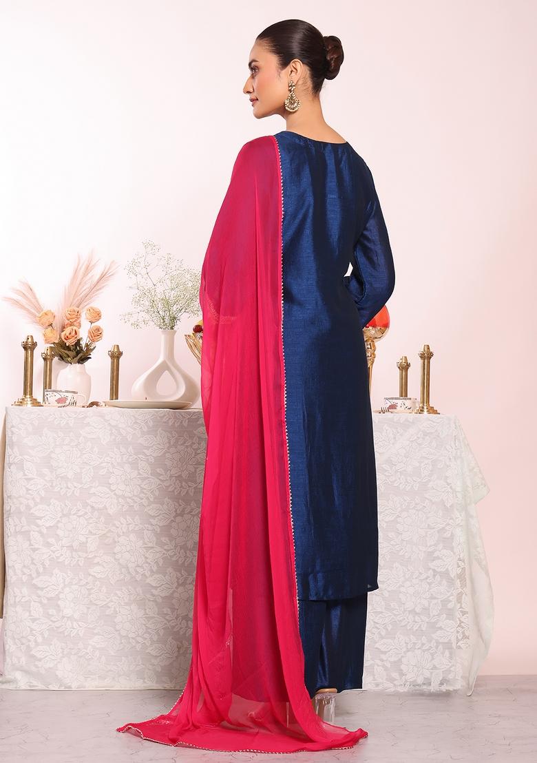 Blue Embroidery Silk Kurta Set - Indya