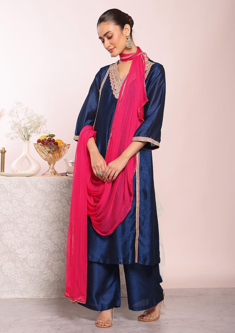 Blue Embroidery Silk Kurta Set - Indya