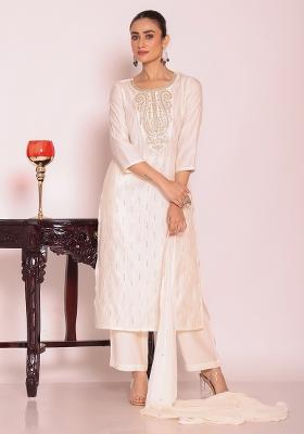 Off White Embroidery Silk Kurta Set